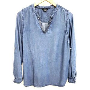 Esmara by Heidi Klum Denim Roll Tab Sleeve Rhinestone Trim Pullover Top Sz 6
